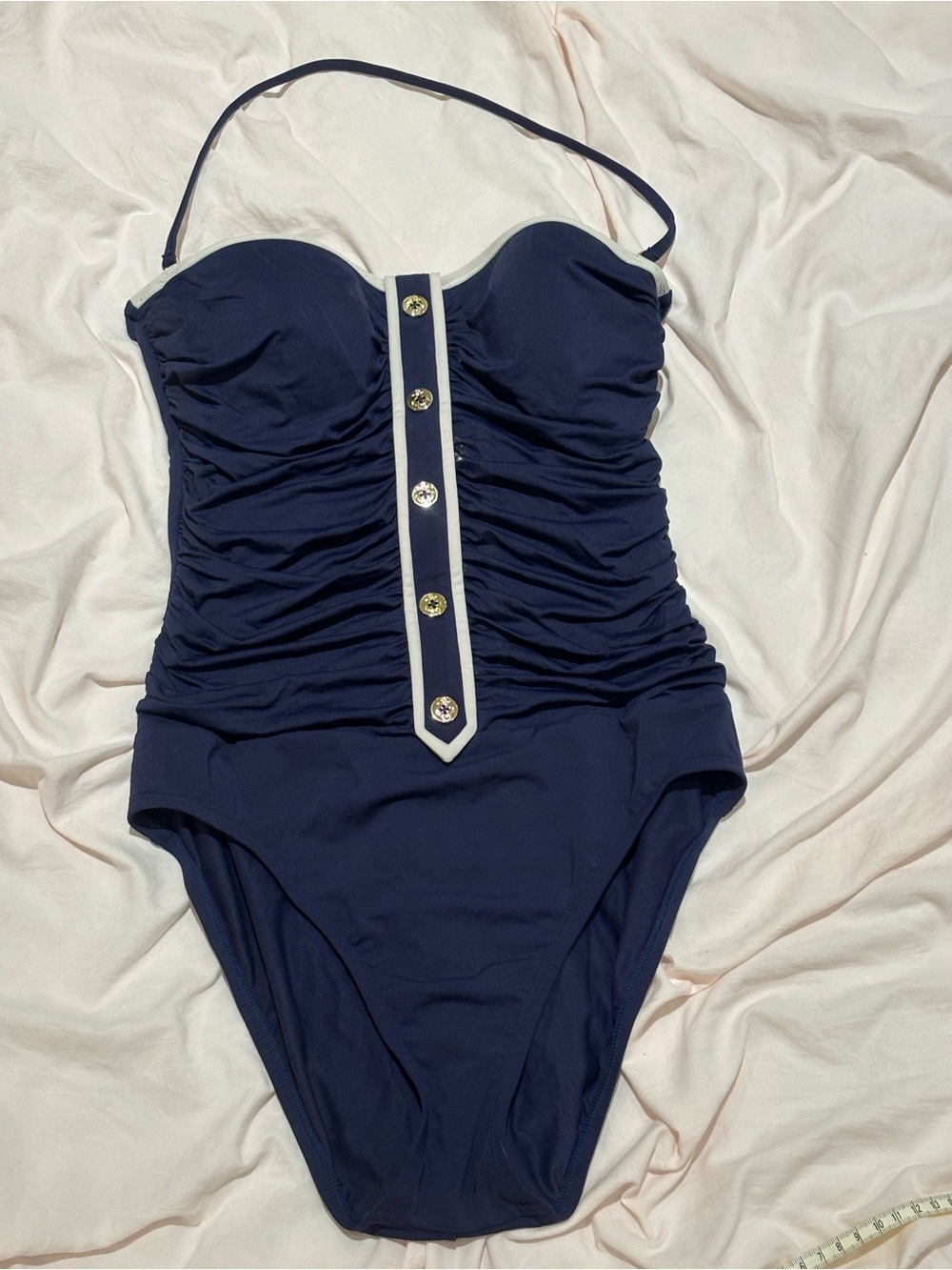 Navy Ruched One-Piece Swimsuit with Nautical Button Trim